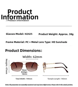 Detailed size chart for retro narrow sunglasses showing dimensions and PC metal materials