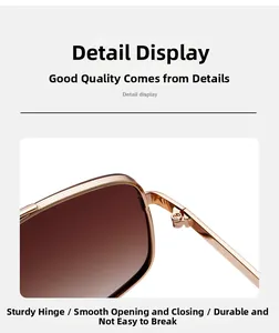 Detail view of durable metal hinges and gradient brown lenses on slim retro sunglasses
