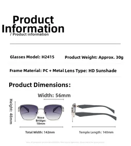 Detailed size chart of narrow rectangular sunglasses with PC and metal frame dimensions