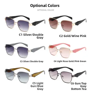 Detailed grid of narrow rectangular sunglasses in six gradient lens colors and metal frames