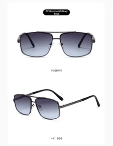 Detail of gunmetal aviator sunglasses featuring grey-blue gradient lenses and mesh texture