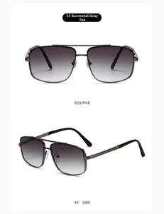 Gunmetal rectangle sunglasses with double bridge design and grey gradient lenses