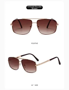 Detailed view of retro pilot sunglasses with gold metal frame and gradient tea lenses