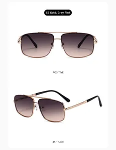 Front and 45-degree side view of gold metal sunglasses with gray-pink gradient lenses
