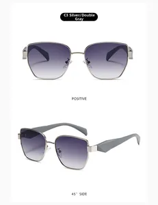 Front and 45-degree side view of narrow silver metal sunglasses with gradient grey lenses