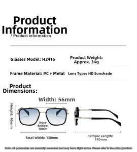 Sizing chart and technical dimensions for H2416 vintage square pilot sunglasses