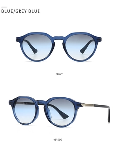 Vista frontale e laterale di occhiali da sole rotondi blu con lenti sfumate grigio-blu