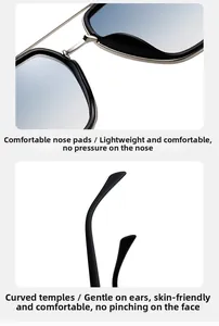 Close-up of narrow frame sunglasses with integrated nose pads and ergonomic curved temples
