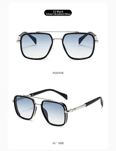 Detail of square pilot sunglasses featuring a black-silver double bridge and side shields