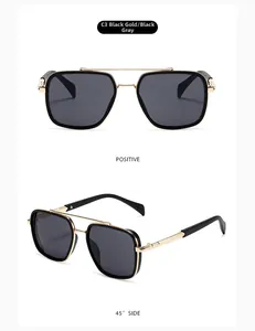 Front and 45-degree side views of black and gold double-bridge retro sunglasses