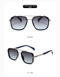 Detail view of narrow retro sunglasses in blue and silver with gradient lenses