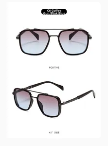 Close-up of pilot square metal frame sunglasses with C6 coffee gun and pink blue gradient lenses