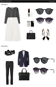 Flat lay di outfit uomo e donna con occhiali da sole rotondi neri classici