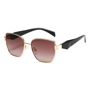 Modern gold metal rectangle sunglasses with brown gradient lenses in a 45-degree view