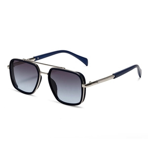 Modern rectangular sunglasses with silver metal frames and blue gradient lenses