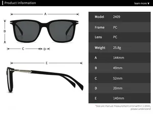 Detailed size chart for round frame PC sunglasses 2409 showing all frame measurements