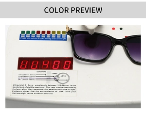 Functional UV400 test showing black square sunglasses with purple gradient lenses