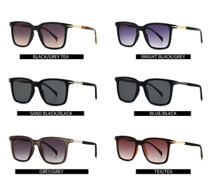Collection of oversized square sunglasses in six color options with metal hinge details