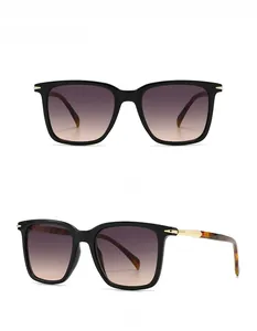Front and 45-degree side view of black square sunglasses with grey gradient lenses