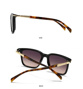 Detail view of tortoiseshell temples with gold metal accents on square sunglasses