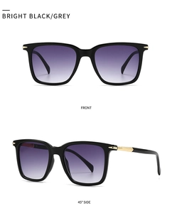 Front and 45-degree side views of black square sunglasses with purple gradient lenses