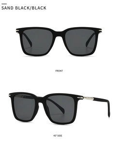 Front and 45-degree side view of sand black square sunglasses with grey lenses
