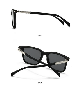 Side and back view of classic black matte sunglasses with striped silver metal temples