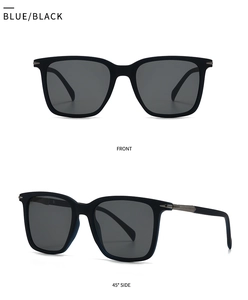 Front and side macro views of blue and black rectangular frames with metal stripe accents