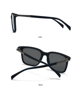 Detail of matte blue frame with gunmetal hinge and gray lenses for square sunglasses