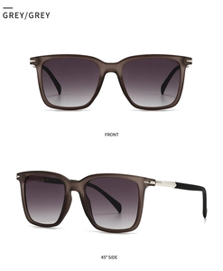 Front and 45-degree side view of matte grey square sunglasses with gradient lenses