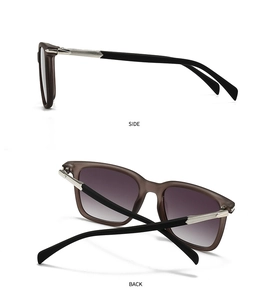 Side and back views of round sunglasses with dark brown frames and silver spear hinges