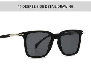 Detail view of black square sunglasses with silver metal temple stripes on a white background