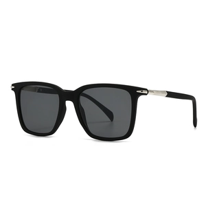 Classic matte black square frame sunglasses with silver textured metal temples for unisex