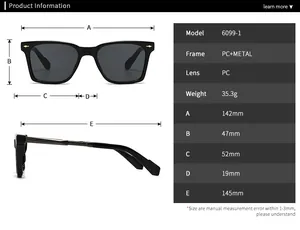 Detailed size chart for square pilot sunglasses showing dimensions and PC metal materials
