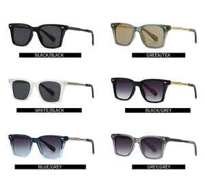 Selection of retro square pilot sunglasses with metallic temple accents in six colors