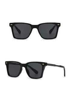 Front and 45-degree angle view of classic black square aviator sunglasses with gold accents