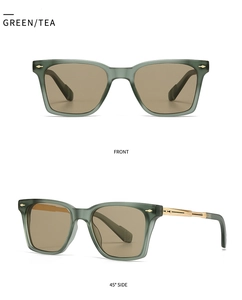 Close-up of green translucent aviator sunglasses with gold temples and tea lenses