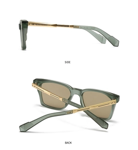 Side and back view of retro pilot sunglasses with grey-green frames and gold metal temples