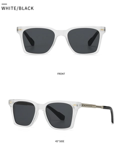 Detailed front and side views of matte white square pilot sunglasses with black lenses