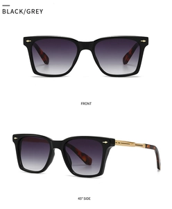 Front and side view of retro square pilot sunglasses with gold rivets and black frames