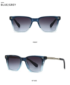 Front and 45-degree side view of blue-grey square pilot sunglasses with gold accents
