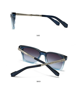 Side and back view of blue translucent square pilot sunglasses with metallic accents