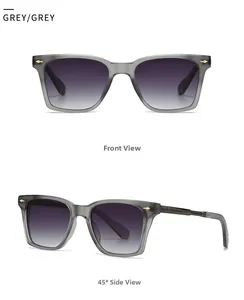 Detail view of square grey translucent sunglasses with purple gradient lenses and gold accents