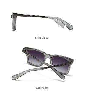 Side and back view of aviator sunglasses with purple gradient lenses and grey frames