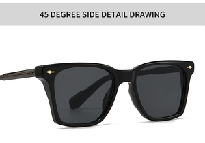 Detailed 45-degree side view of black square aviator sunglasses with gold arrow rivets