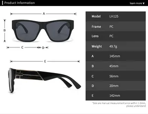 Detailed size chart for LH125 square frame sunglasses with precise lens and frame measurements