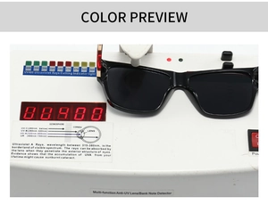 UV400 professional testing showing high-quality black square sunglasses with UV protection