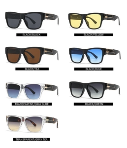 Matrix display of multi-colored square sunglasses with metal hinge details and tinted lenses