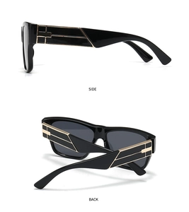 Detail view of black square sunglasses featuring side and back golden gothic cross temple