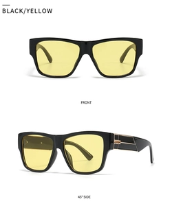 Modern square sunglasses with black frame, yellow lenses and gold metal details